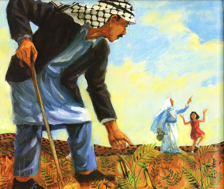Illustration of a man, woman, and child in a field. 