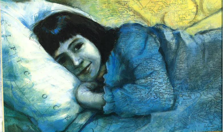Illustration of a young girl with dark hair laying on a pillow covered by a blue blanket