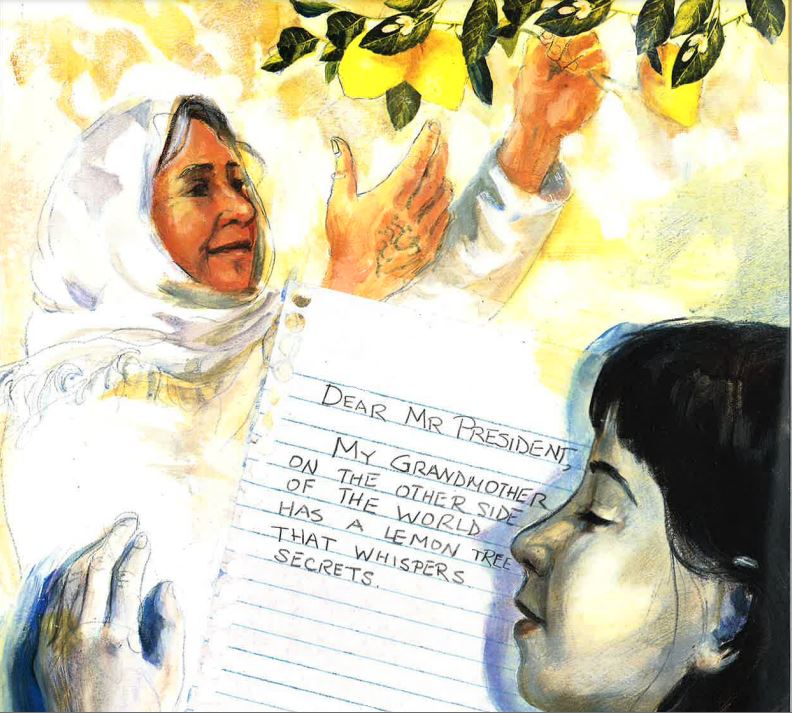 Illustration of an older woman with a white headscarf picking lemons and a young girl writing a letter to the president.