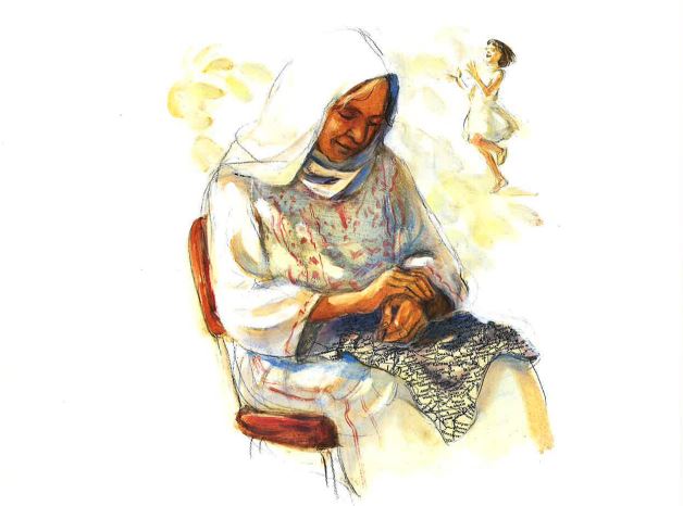 Illustration of an older woman with a white headscarf sitting on a chair with a young girl running in the background.