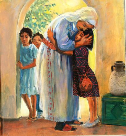 Illustration of an older woman with a white headscarf hugging a young girl.