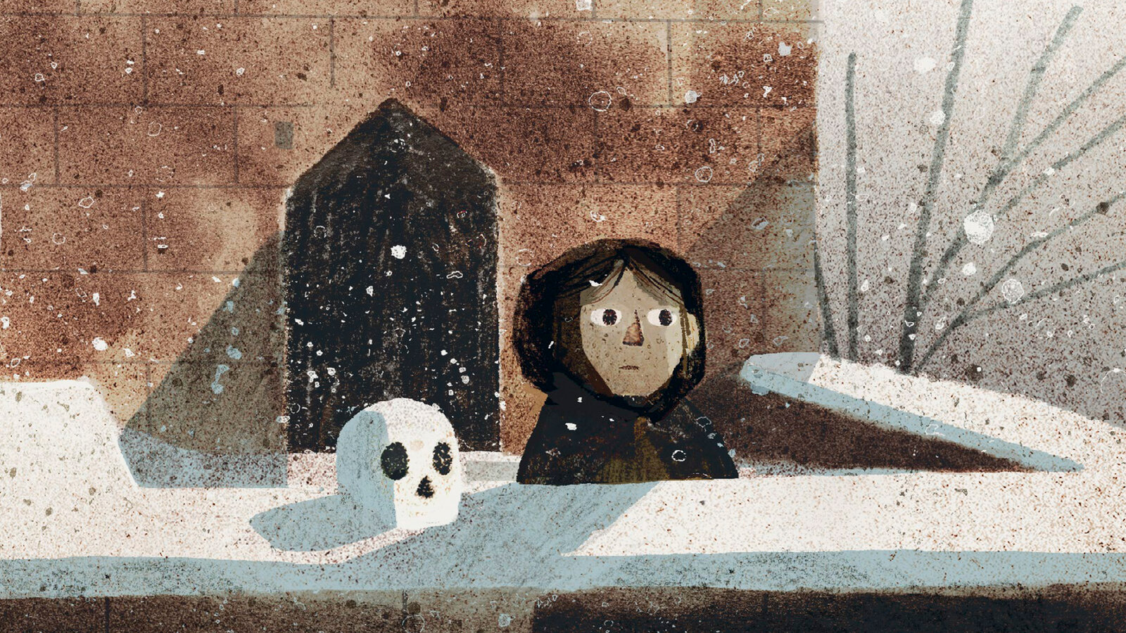 Illustration of a young person on the balcony at a castle with a skull nearby