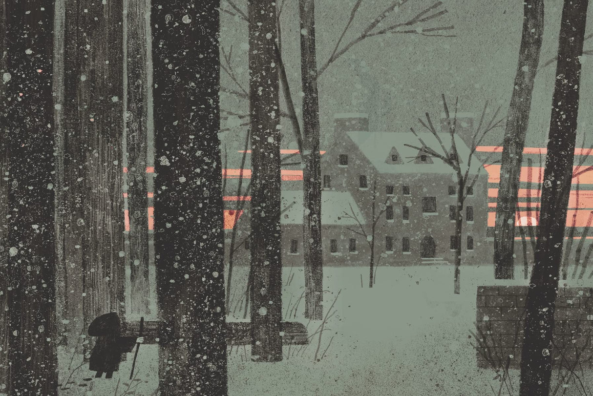 Illustration of a figure in a snowy wood looking at a house in the distance