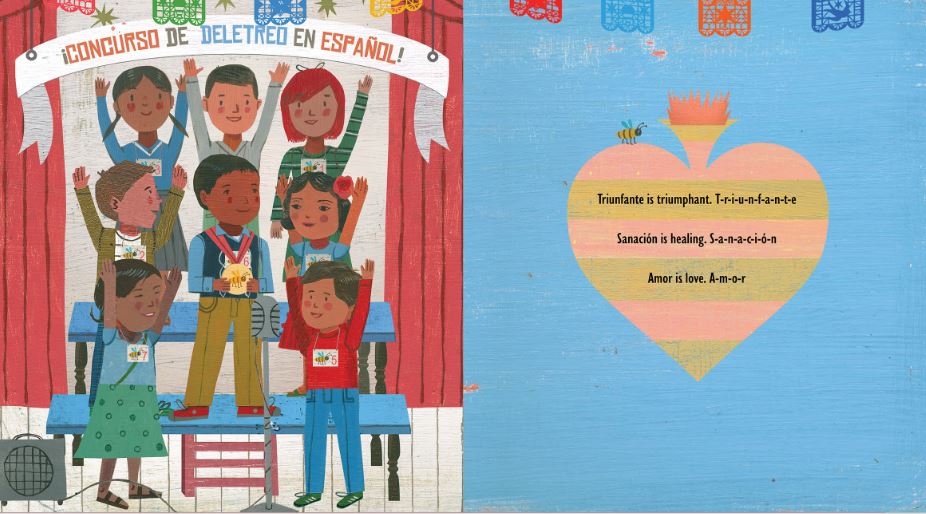 Illustration from a children's book with a group of young people on a stage with their arms held high
