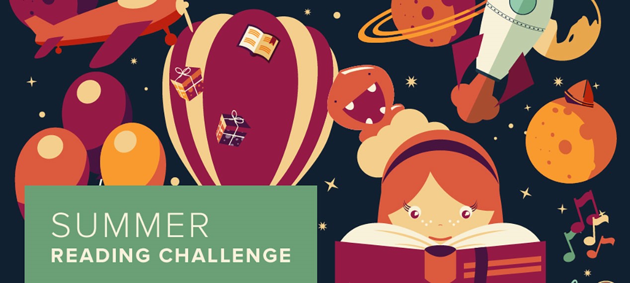 summer reading challenge advertisement showing a drawing of a girl reading a book with a plane, a rocket, and other flying things in the background.