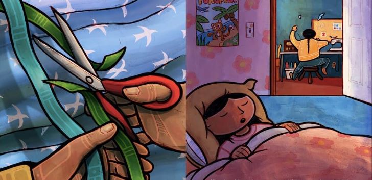 Illustration from a children's book showing a pair of hands cutting fabric and a child sleeping