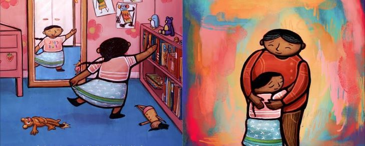 Illustration from a children's book with a child modeling a skirt in a mirror and hugging a woman