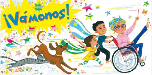 Illustration of a young boy pushing a woman in a wheelchair while a girl, a dog, and a cat run behind them