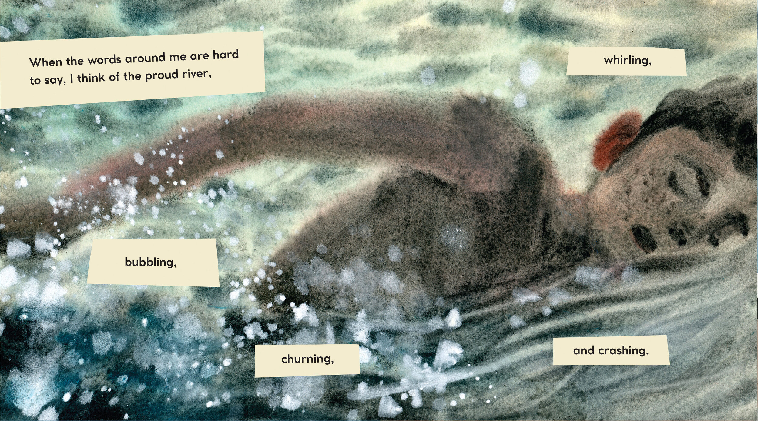 Illustration of a boy swimming in a river with book text surrounding him.