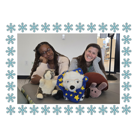 Destinee and Rebecca in front of Mr. Bunny, Vanilla, and Shelley