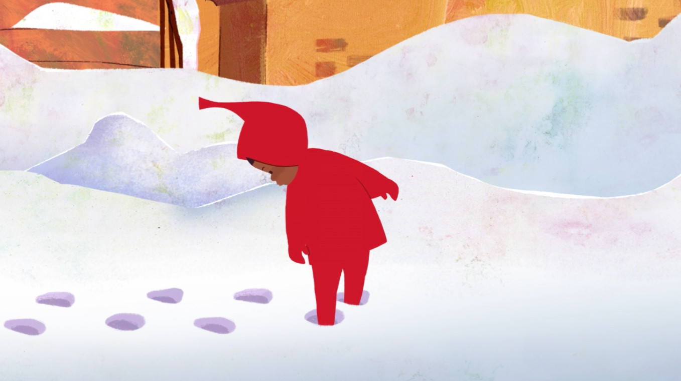 Illustration of a child in a red snow suit walking in the snow