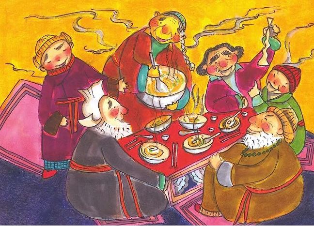 Illustration of a group of people around a table eating food