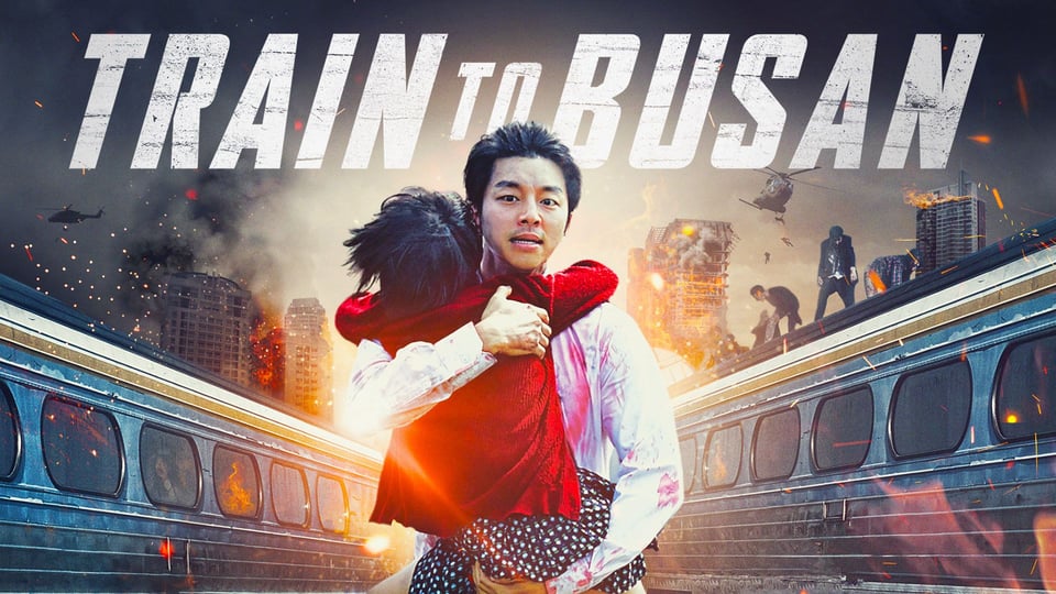Train to Busan movie poster with a man holding a child in between two bullet trains