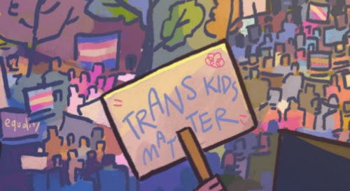 Illustration of a protest march with a sign that reads Trans Kids Matter