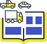 Open book with small trucks and cars in the upper right corner.