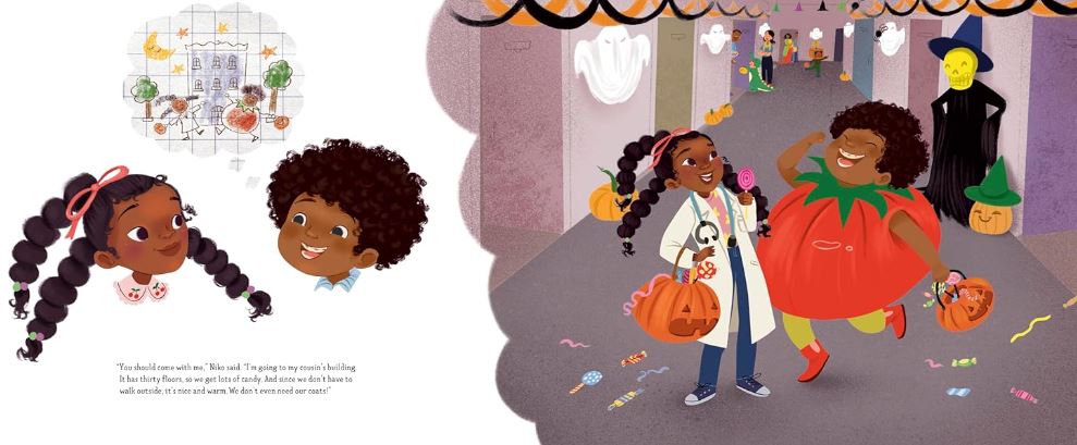 Page from a children's book with two children dressed for halloween and trick-or-treating in a hallway