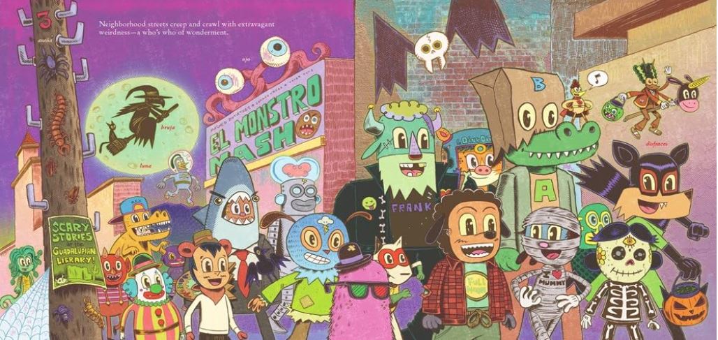 Cartoon illustration of children dressed as monsters in a parade
