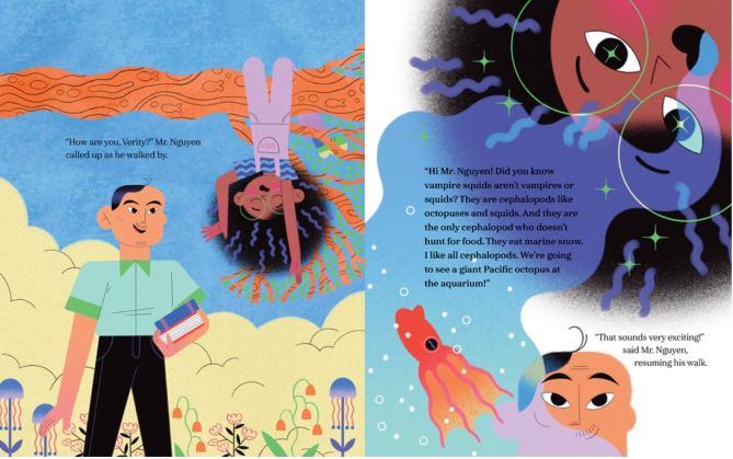 Pages from a children's book showing a child with their dad, with the child hanging upside down from a  tree and looking at fish