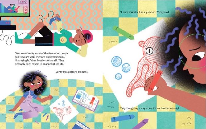 Pages from a children's book with a child drawing and a young boy playing video games