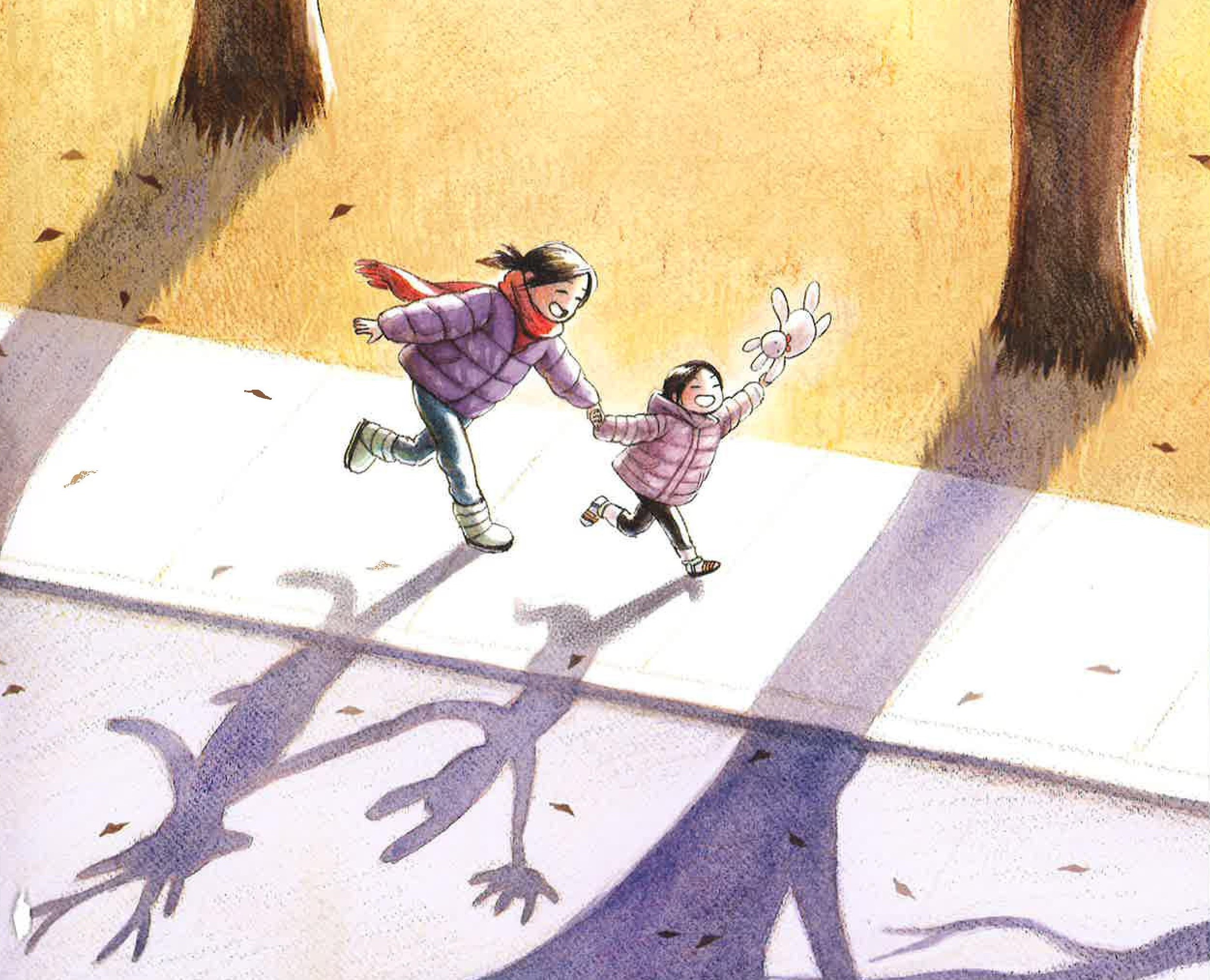 Illustration of two children running down the sidewalk and one carries a bunny