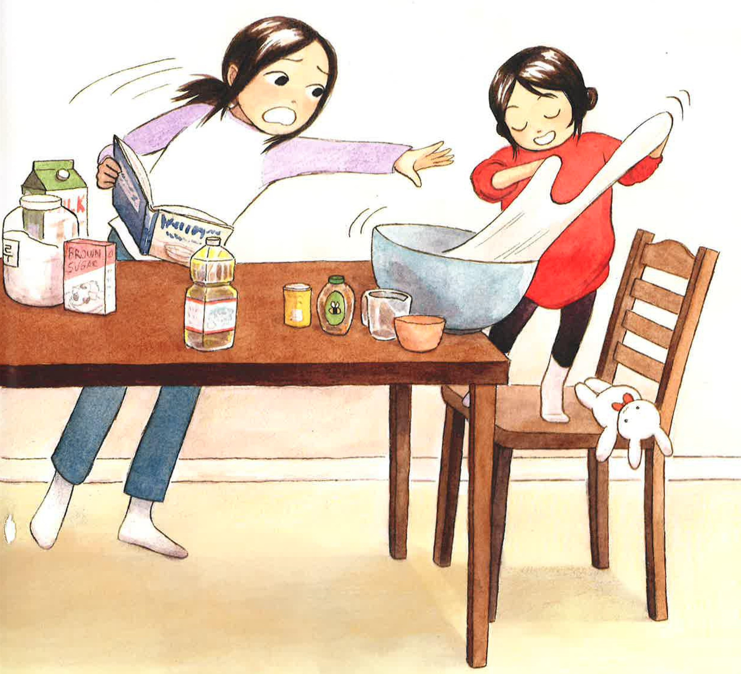 Illustration of a woman and girl making dough.