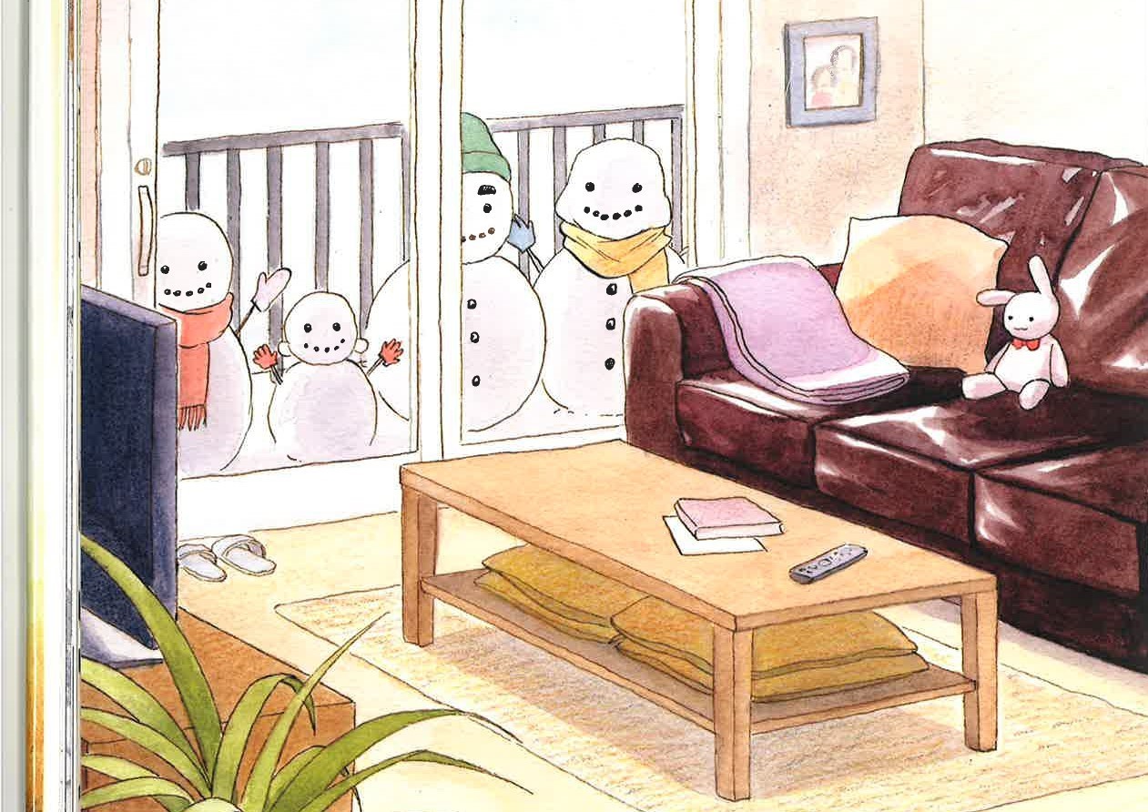 Illustration of four snowmen looking through a window to a living room where a rabbit sits on a sofa