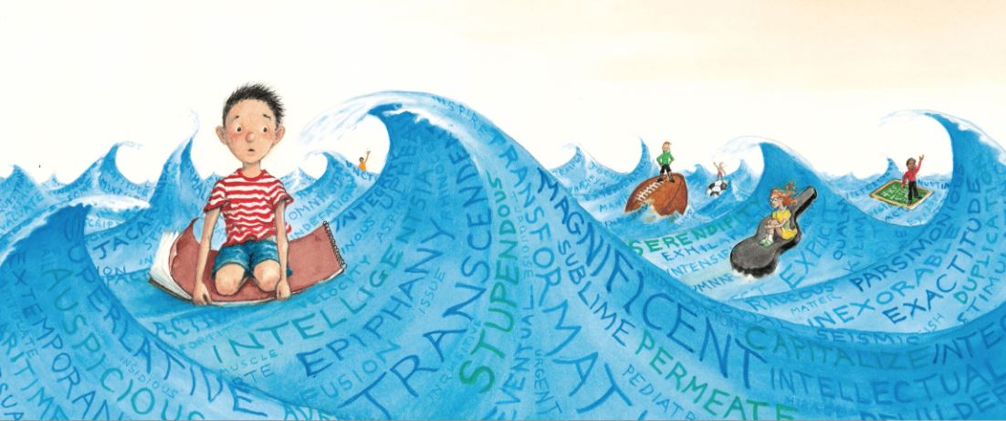 Illustration of a boy floating on a notepad on an ocean of words