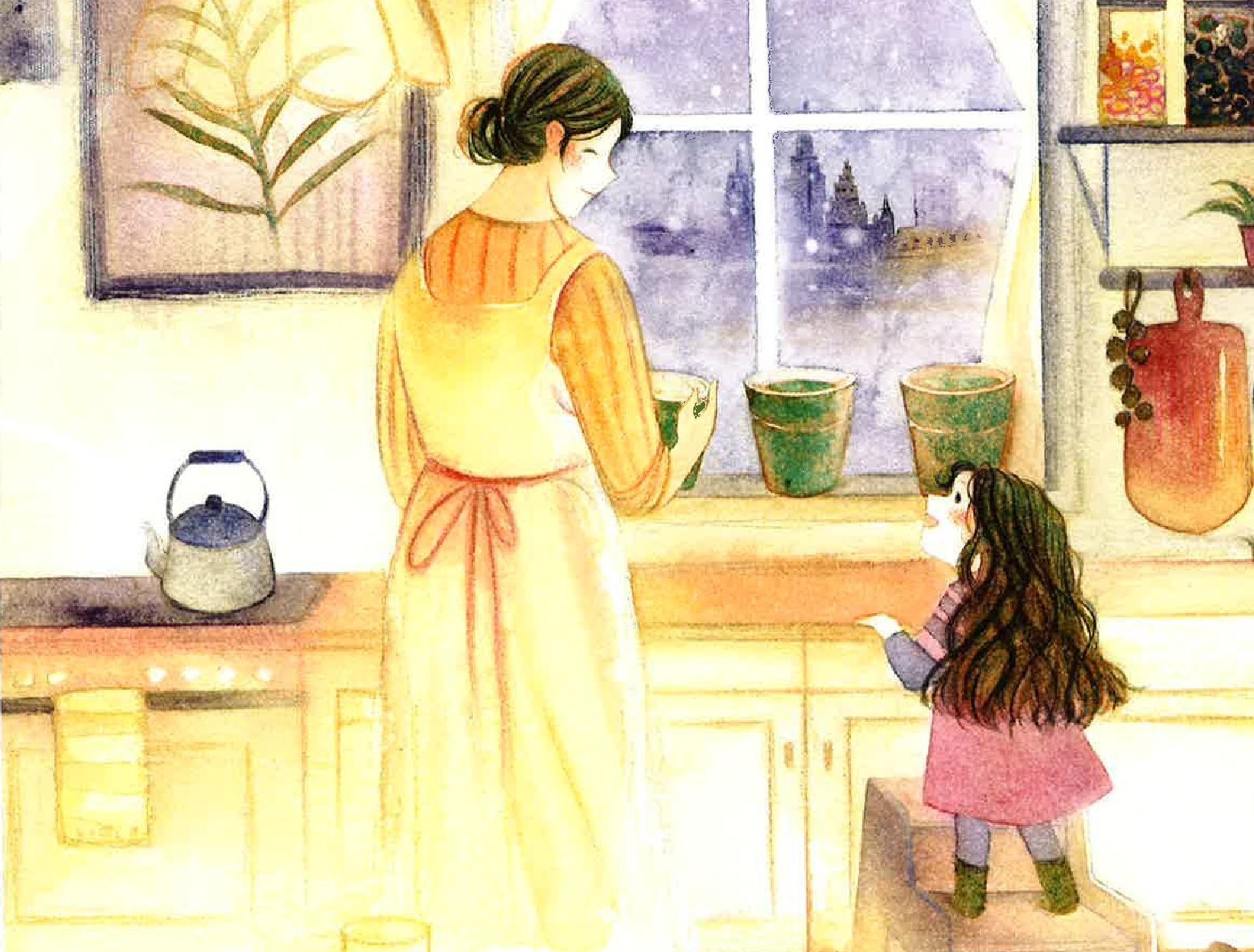 woman and young girl at a window holding green flowerpots