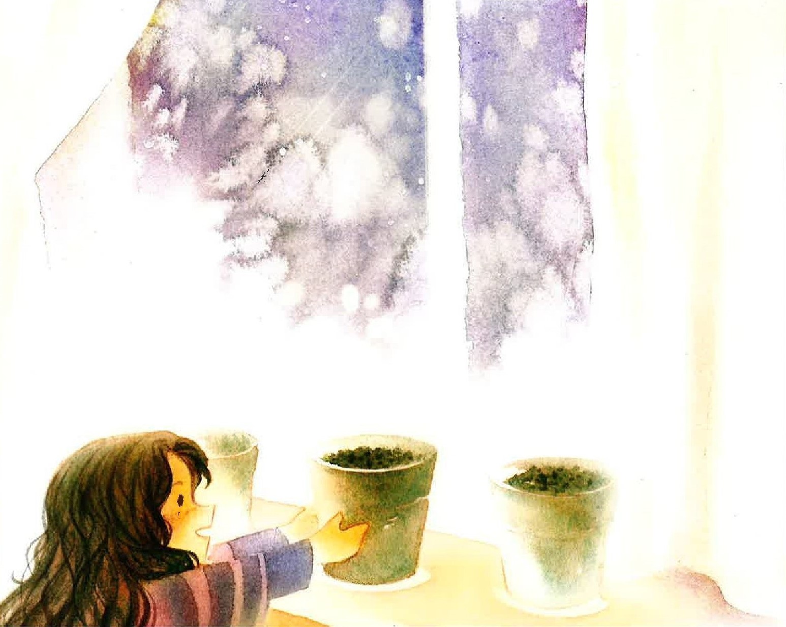 Watercolor illustration of a young girl reaching for a green flowerpot in front of a window