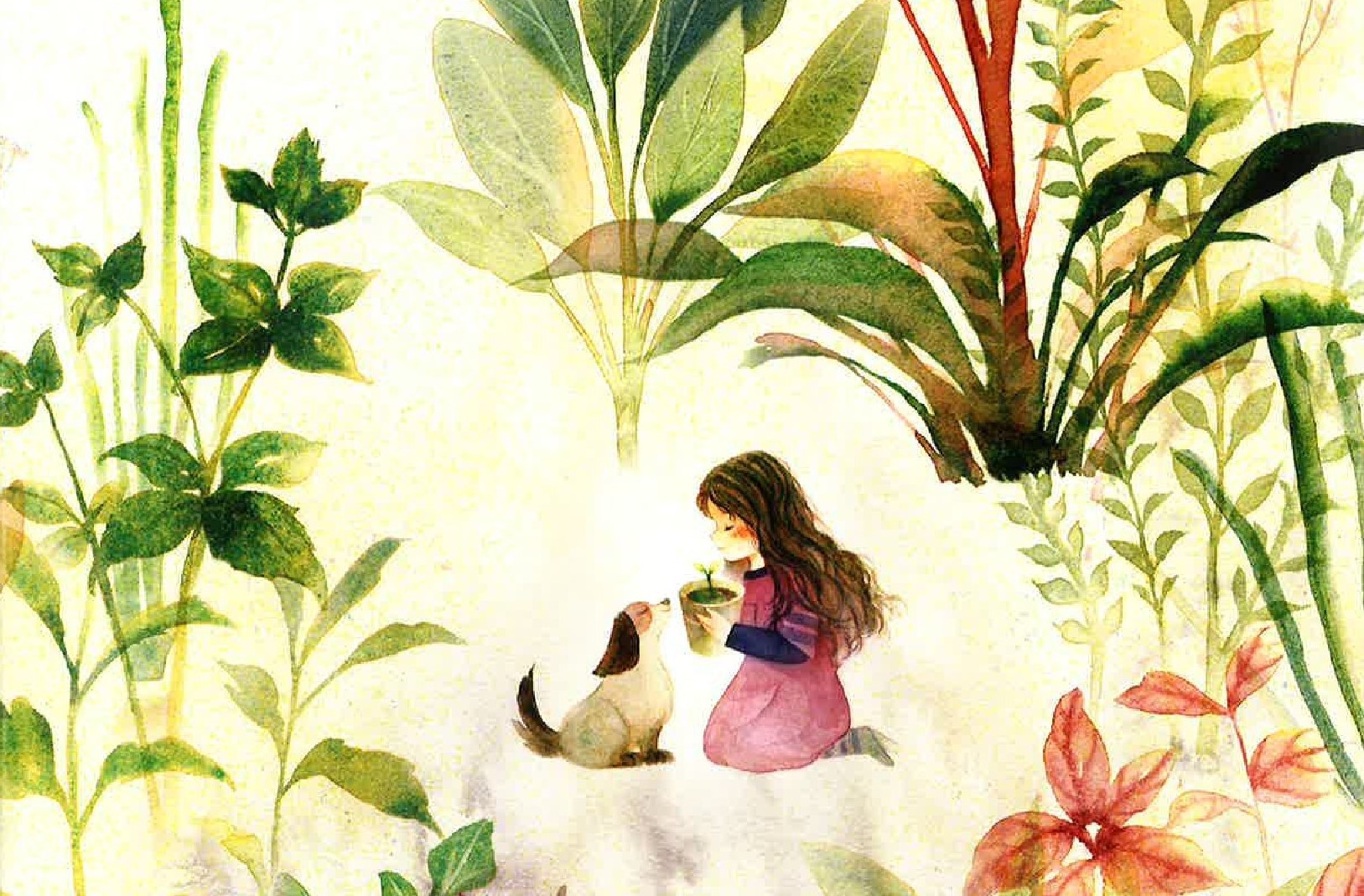 watercolor illustration of a young girl in the woods holding a flower pot with a dog