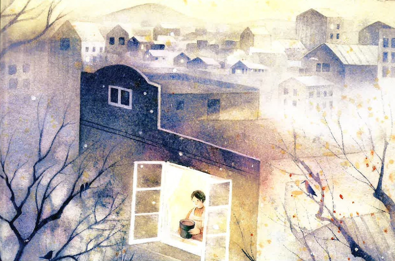 Watercolor illustration of a woman standing at an open window in a dark city