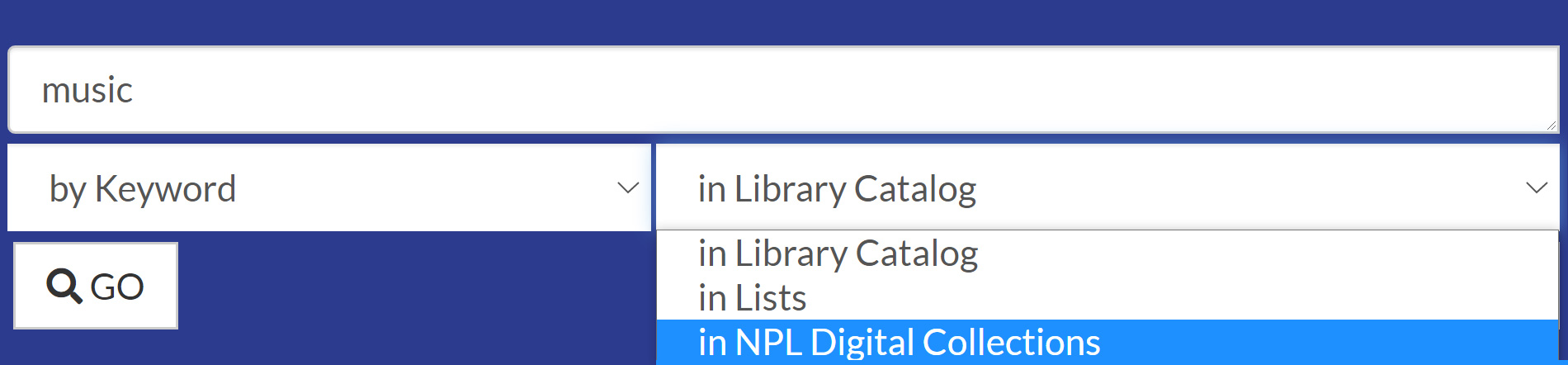 Screenshot of the library catalog showing the "where to search" dropdown menu