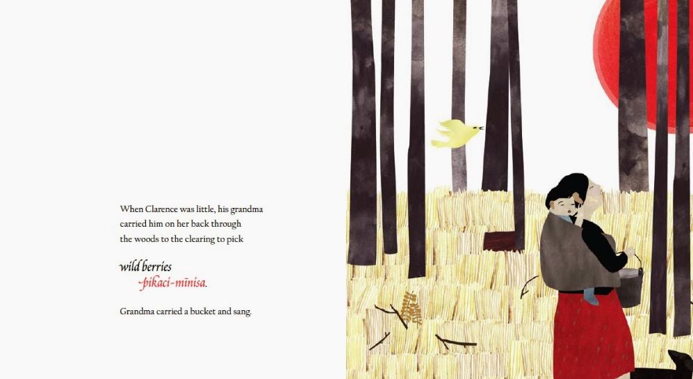 Illustration from picture book shows boy on mother's back. 