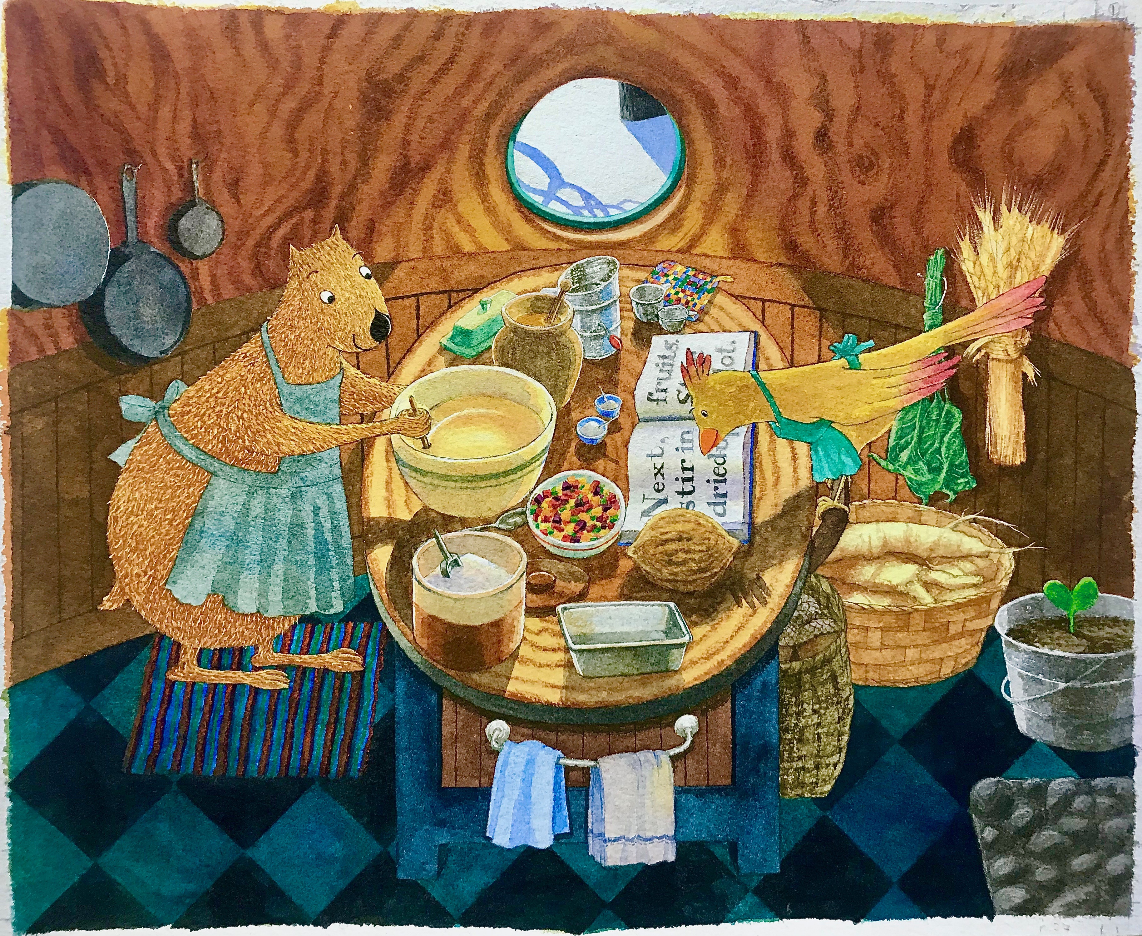 drawing of a bear and a yellow bird in a kitchen making a cake