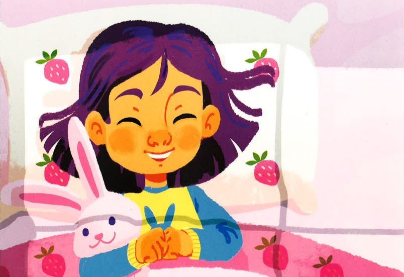 drawing of a young girl with purple hair holding a bunny rabbit