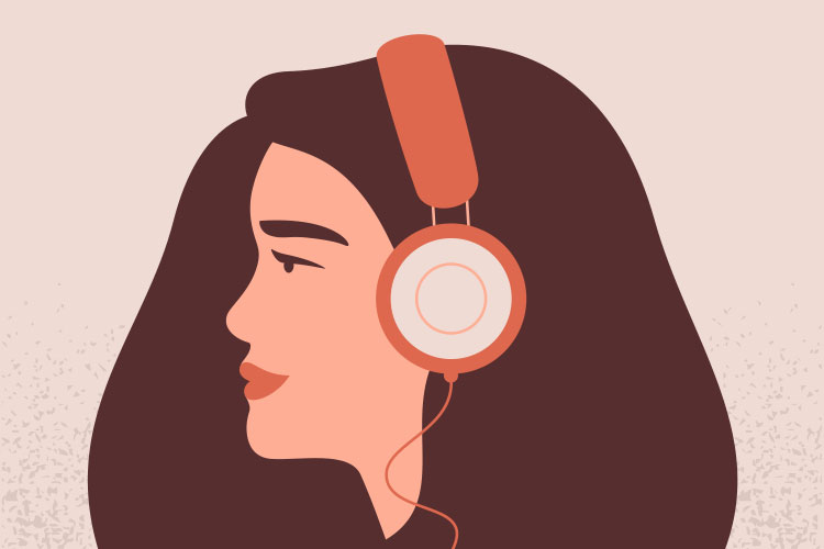 Drawing of a woman from the side with long hair and headphones