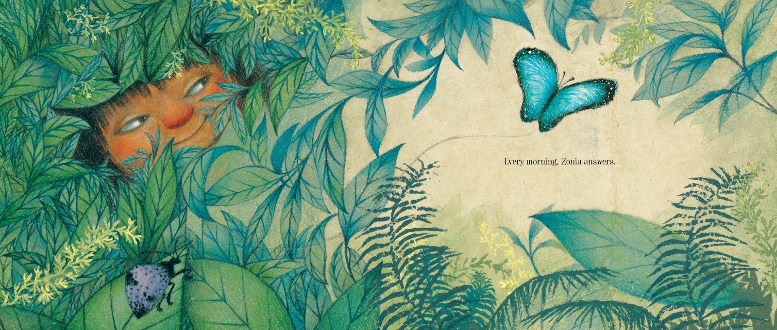 Illustration of a child hiding in dense foliage with the words "early morning, zonia answers"