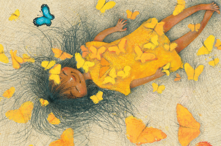 Drawing of a young girl with long dark hair and a yellow dress next to a blue butterfly