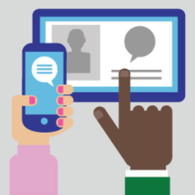Illustration of two hands using a phone and a tablet.