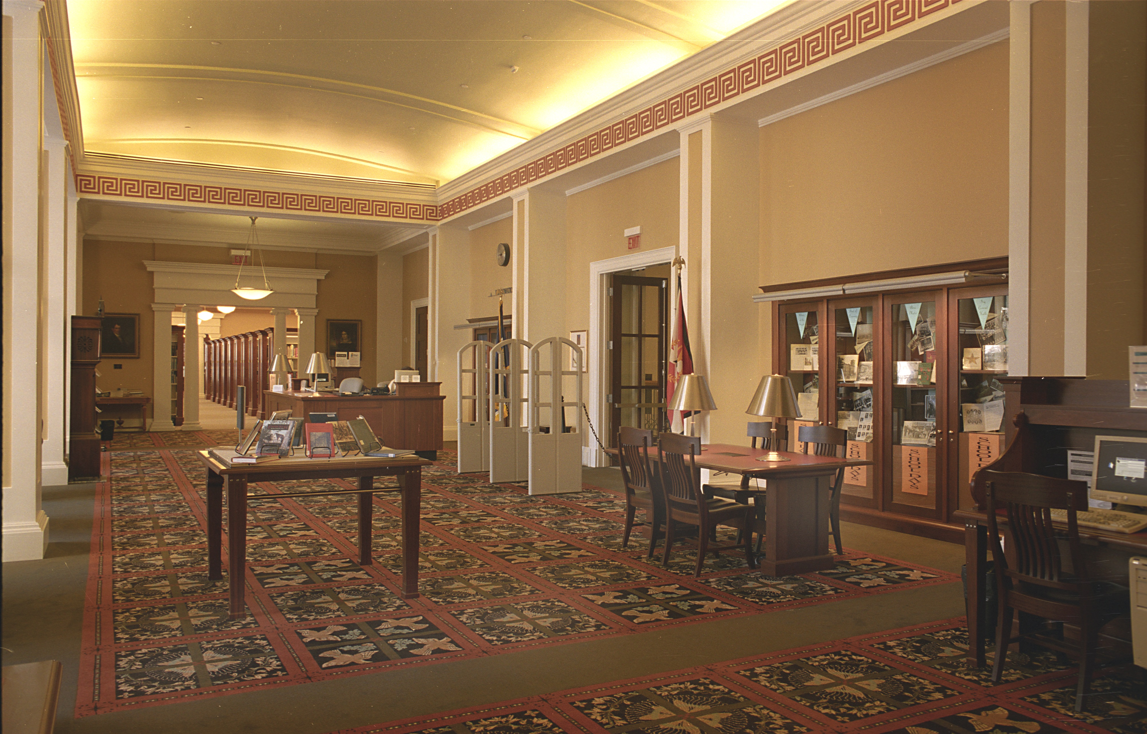 View of the Special Collections department at the downtown public library including the reference desk and display materials