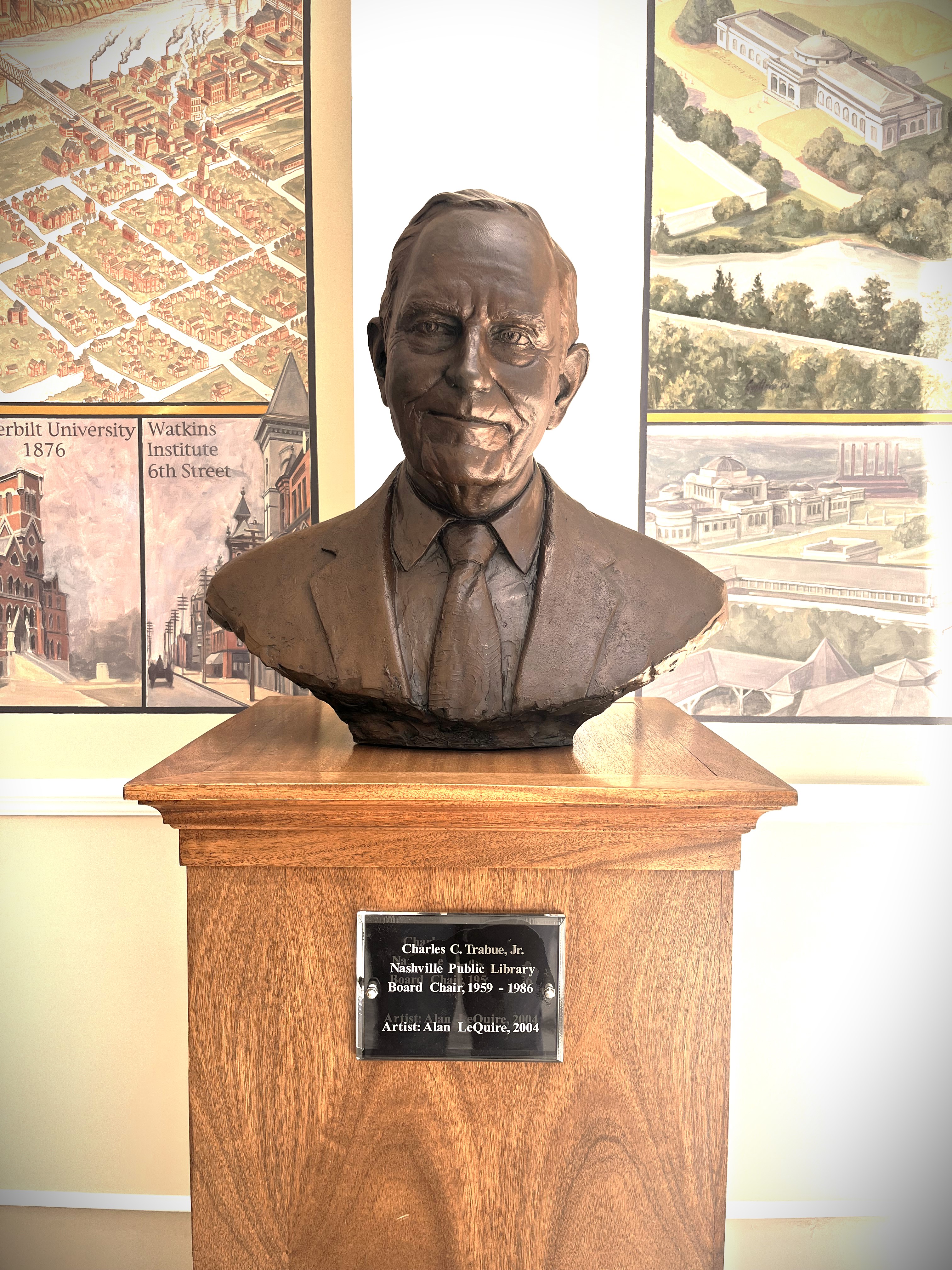 Photo of the bust of Charles C. Trabue Jr located at the Main downtown library