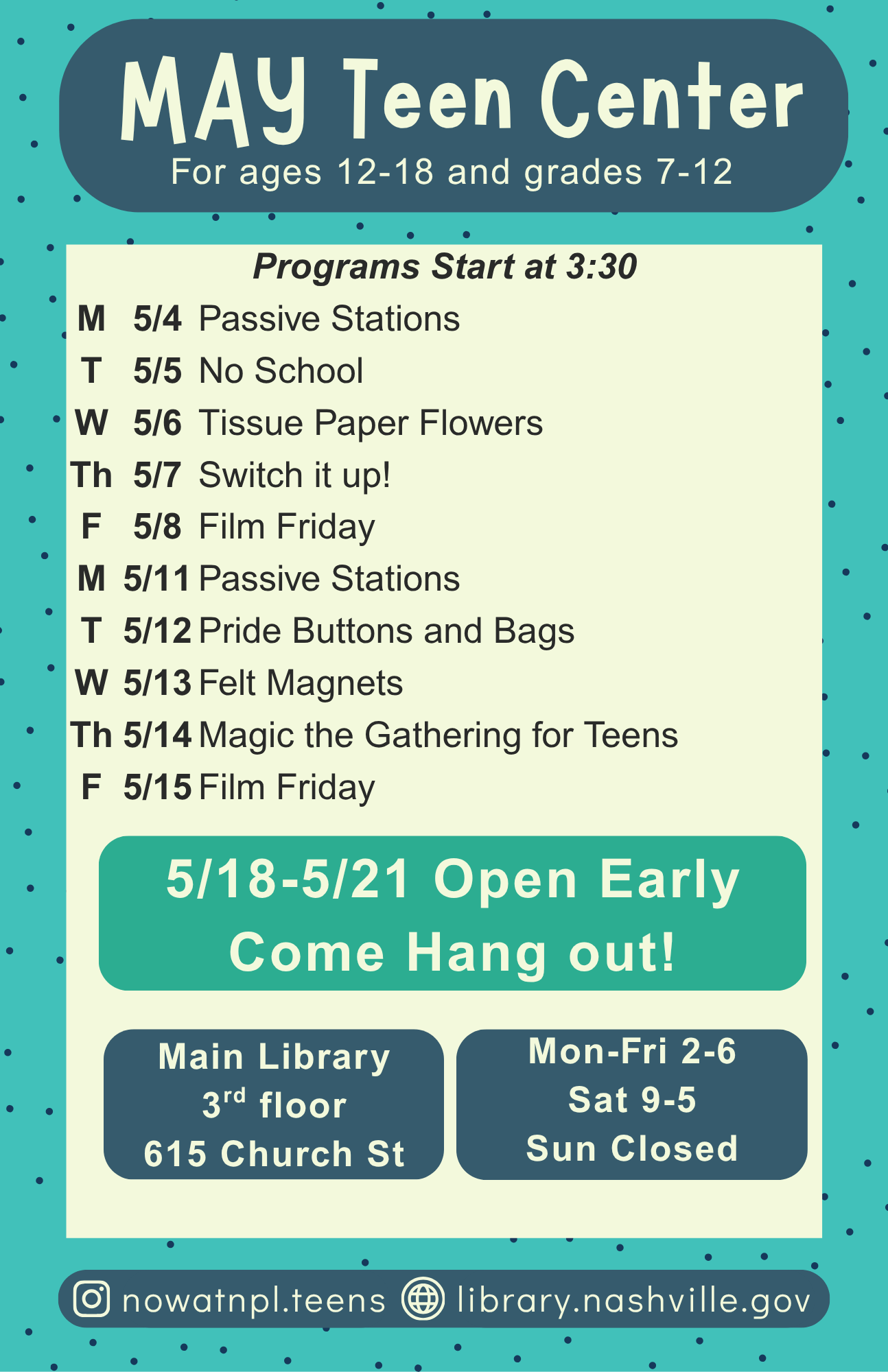 Main Teen Department's May event flyer 