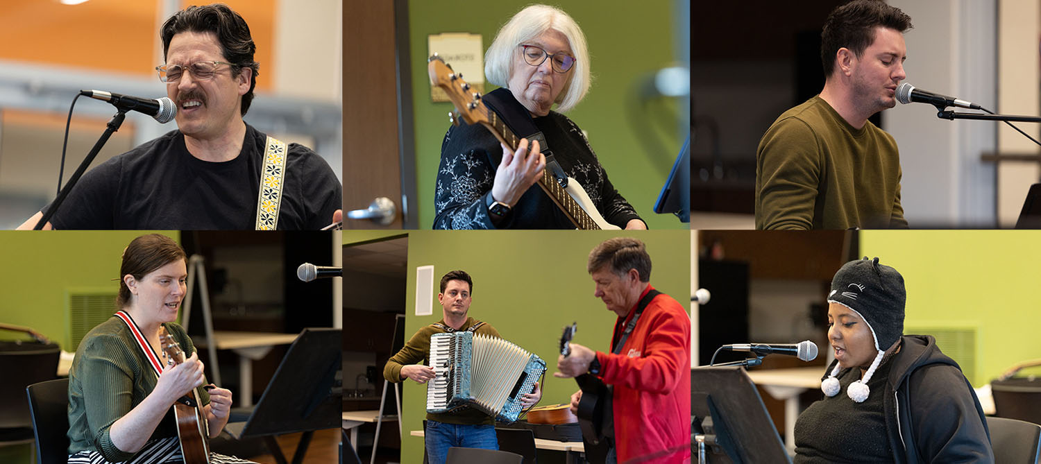 Collage of people performing at Open Mic, singing and playing different instruments.