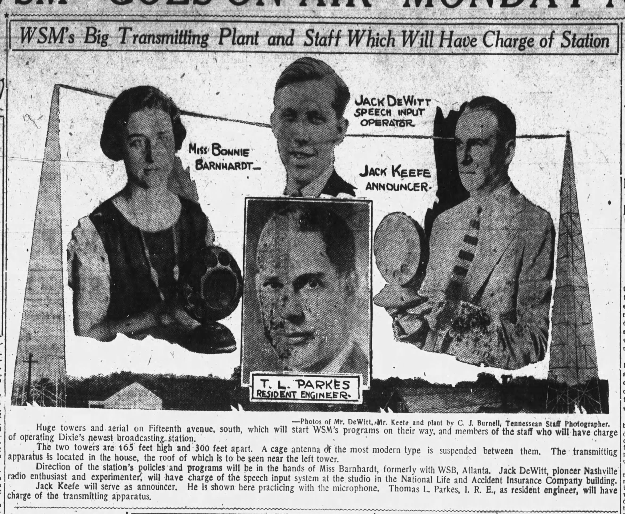 Tennessean newspaper clipping from October 4th, 1925 showing WSM's first staff
