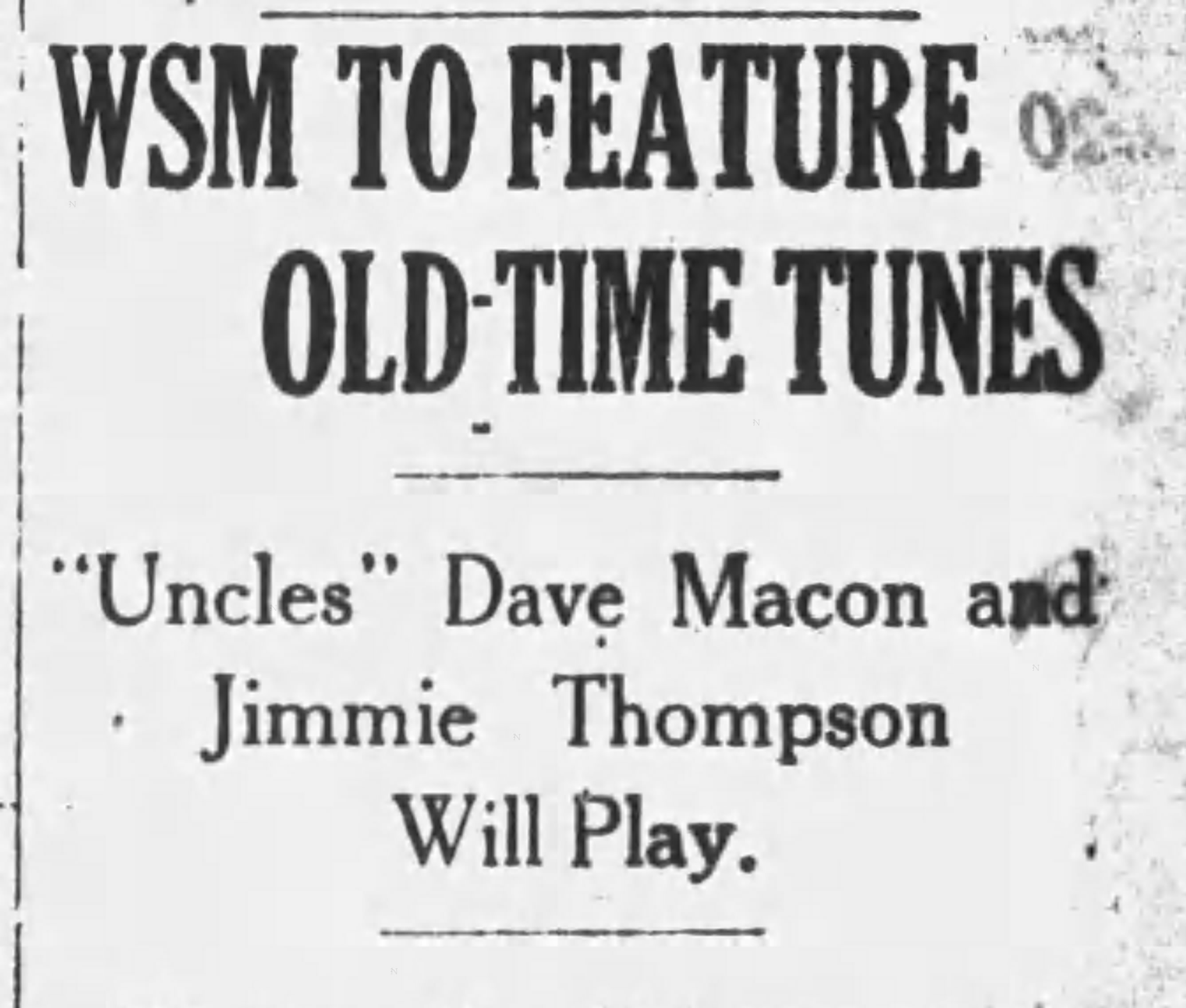 Tennessean clipping from December 27th, 1925 reporting that WSM would feature old-time tunes on Saturday evenings
