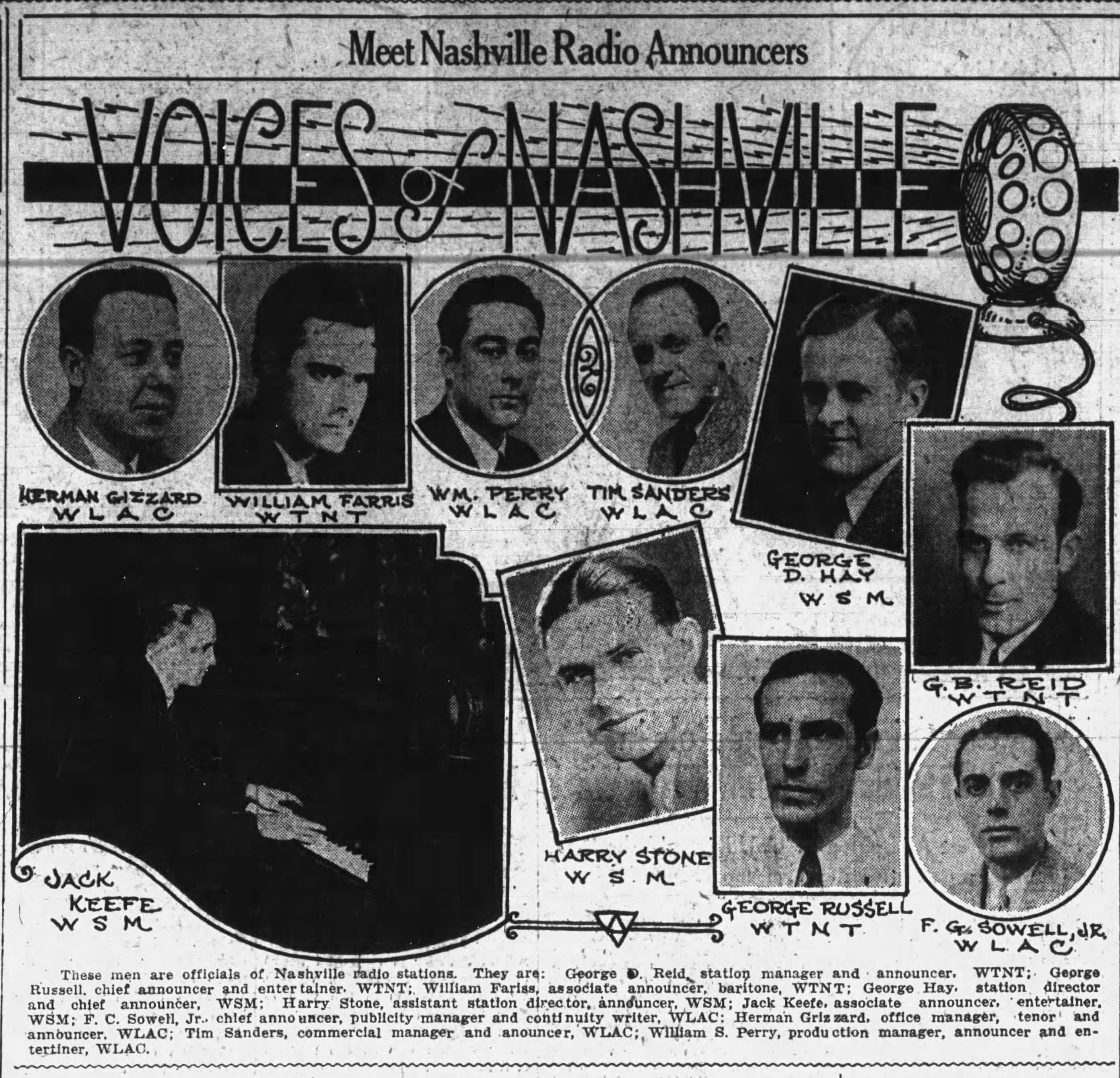 Photos of profiles of various voices of Nashville from the different radio stations in 1930