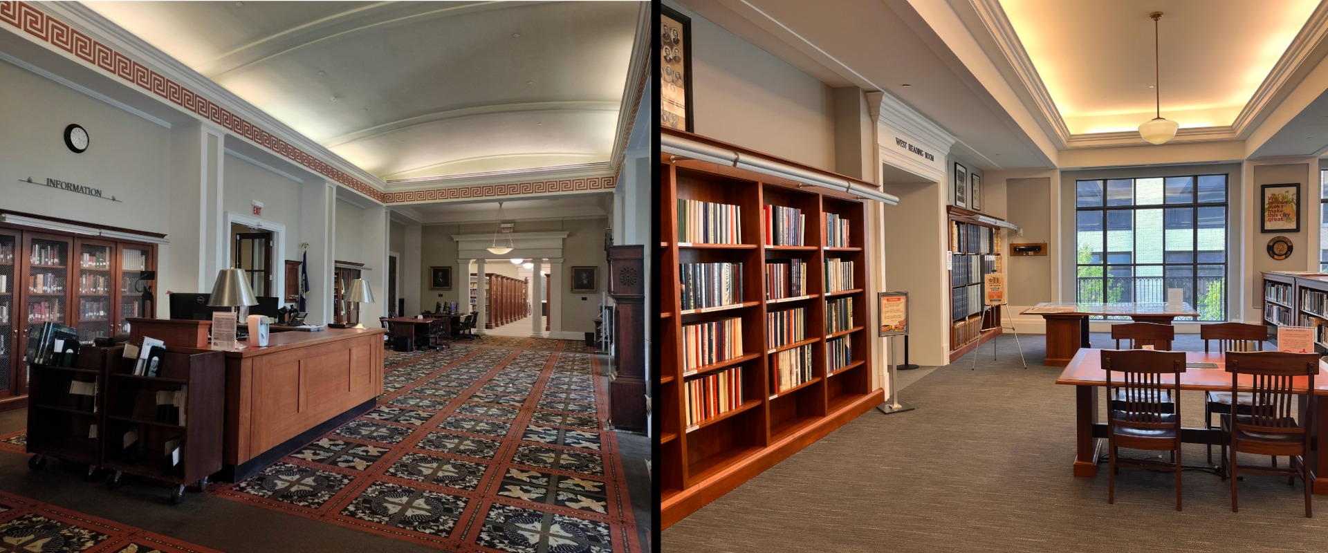 side by side photos of the reference areas of metro archives and special collections