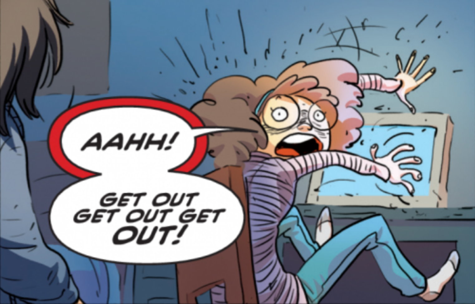 Comic book panel showing girl sitting at computer and screaming "get out".