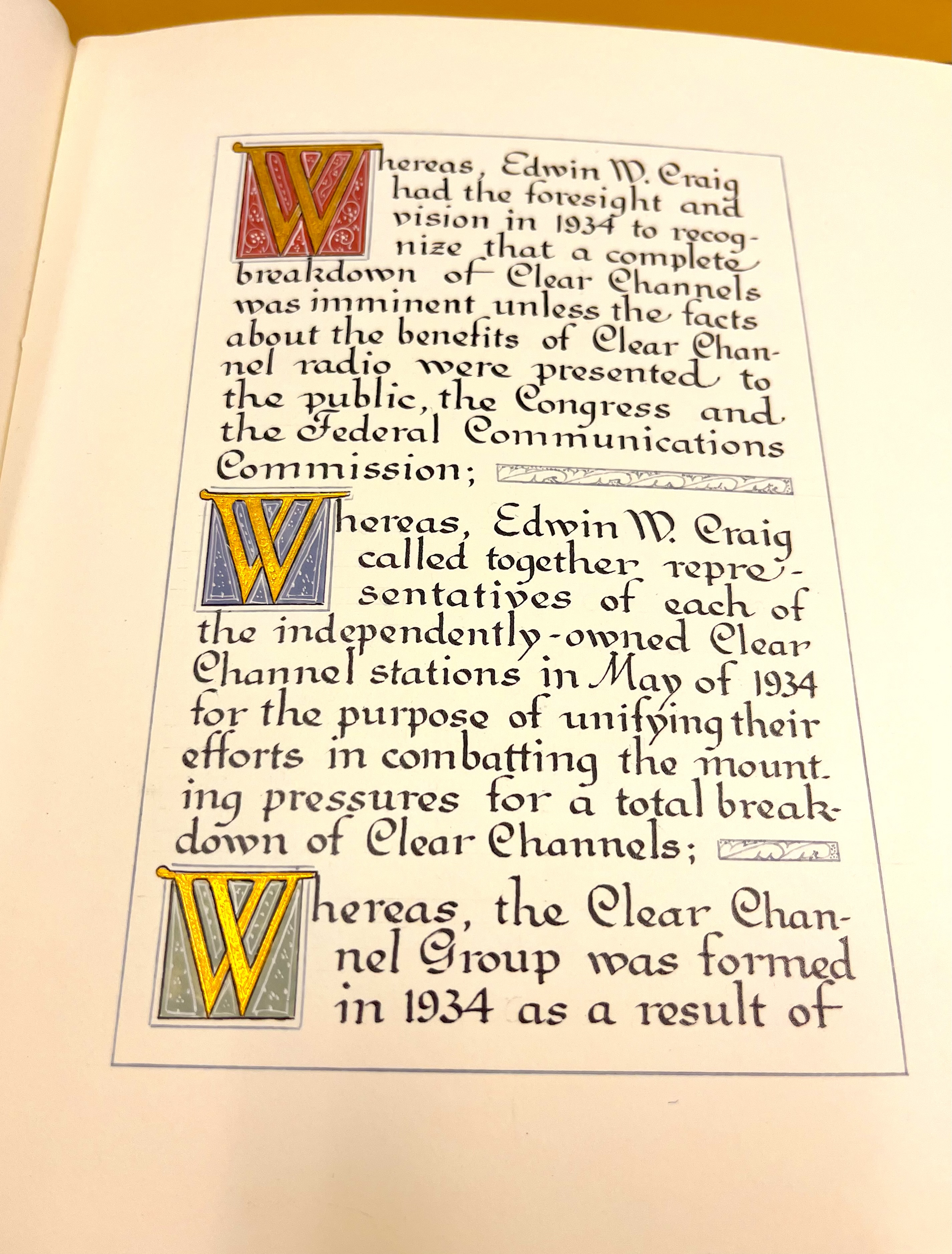 Photo of page from award Edwin Craig received in 1967 for his work in advocating WSM to become a Clear Channel Station