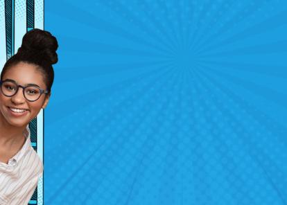 woman peeking out between cartoon-style bookshelves